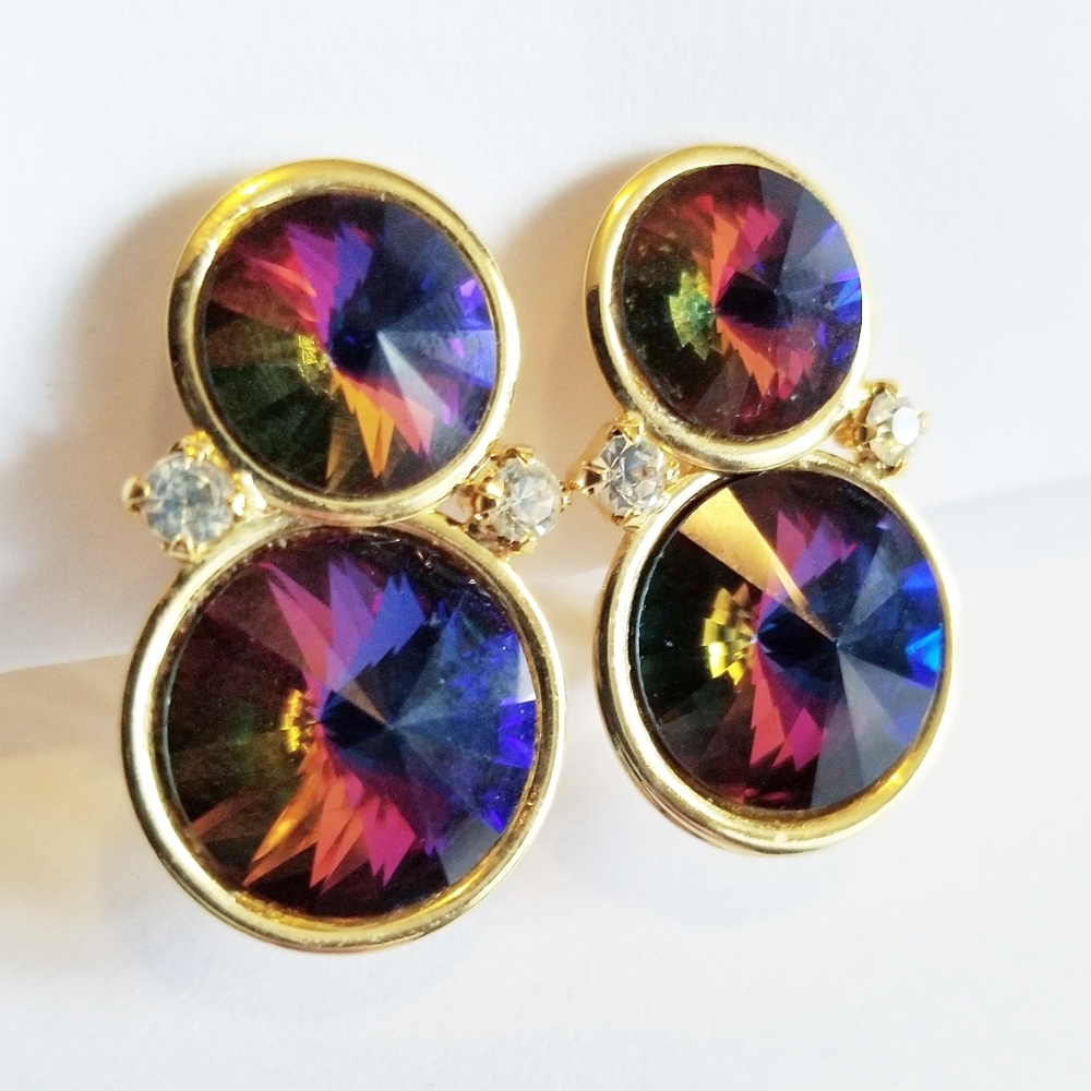 Vintage clip earrings rivoli rhinestones gold tone